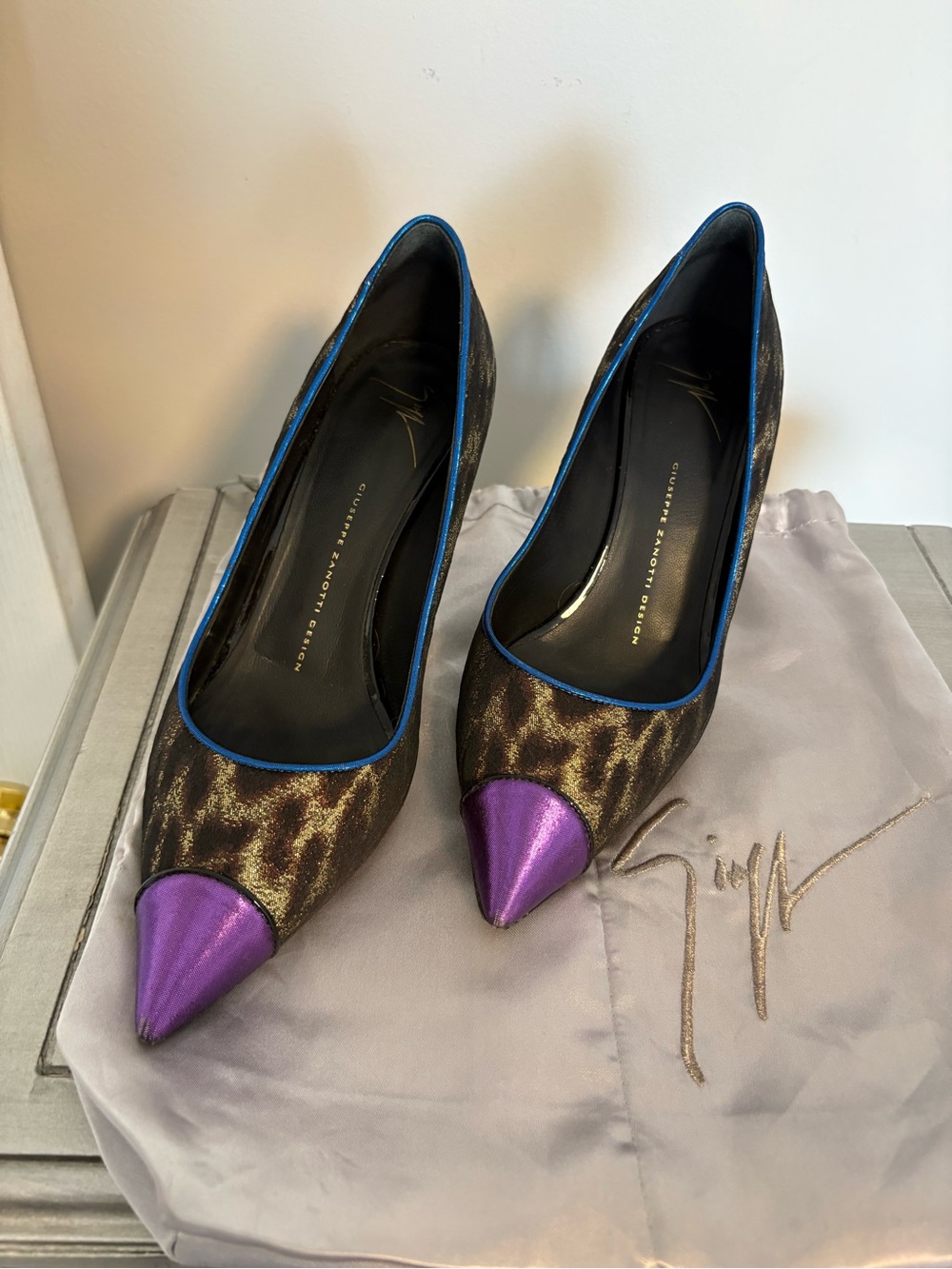 Giuseppe Zanotti Leopard Print Pumps with Purple Metallic Toes and Blue Trim